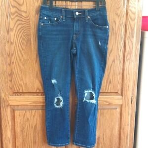Levi Strauss Boyfriend Cropped Denim Jeans Size 27 Dark Wash Mid Rise Distressed